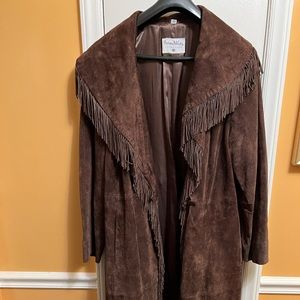 Pamela McCoy chocolate  fringe  brown leather coat. pockets and 1 inside pocket